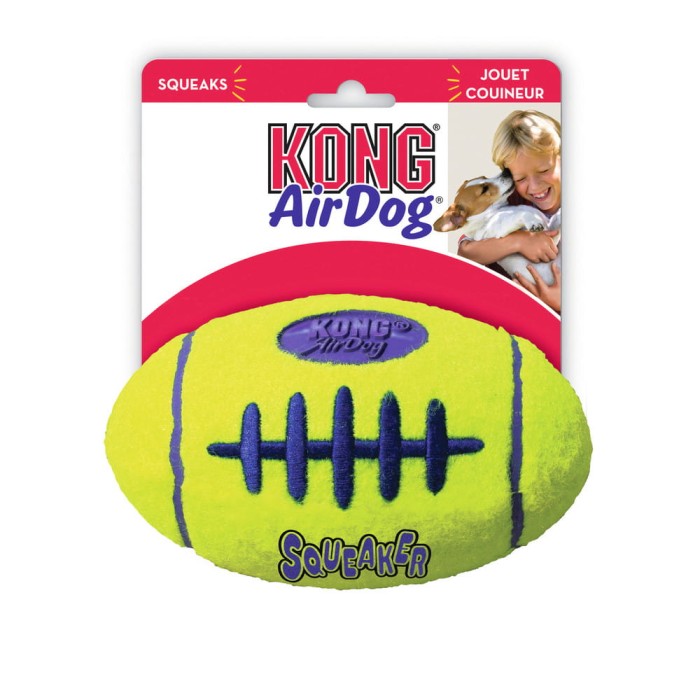 Kong Air Dog Football zabawka dla psa rozmiar S. Kształt piłki przypomina piłkę do rugby. Wykonana z filcu. W jaskrawym kolorze.