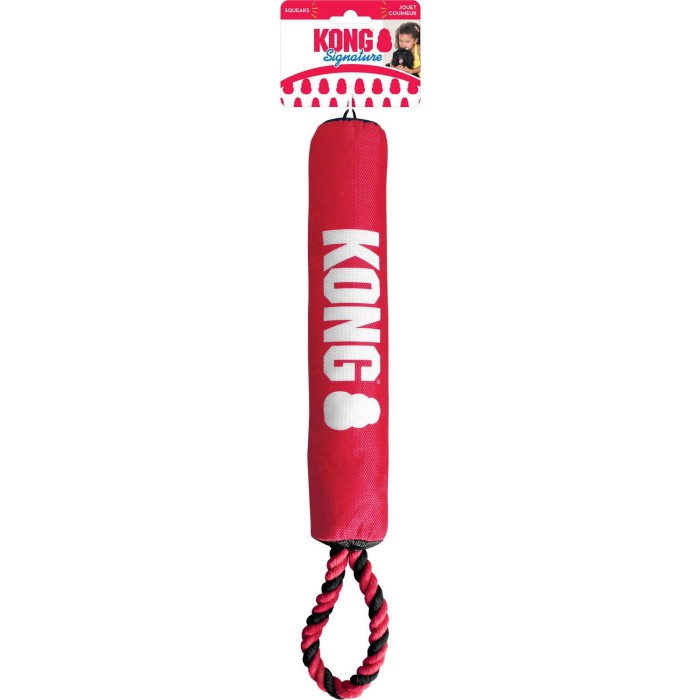 KONG®  Zabawka dla psa Signature Stick with rope. Wytrzymałe warstwy umożliwiające zabawę w szarpanie i aportowanie.  Piszczące, grzechoczące i trzaskające dźwięki. Zabawka delikatna dla zębów i dziąseł. Czerwony kijek z liną z napisem KONG