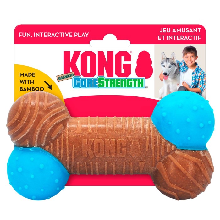 KONG®  Zabawka dla psa CoreStrength™ Bamboo Bone Twardy materiał w połączeniu z bambusem. Wzmocniona warstwa w rdzeniu zapewnia dodatkową wytrzymałość. Liczne wypustki i rowki pomagają w czyszczeniu zębów