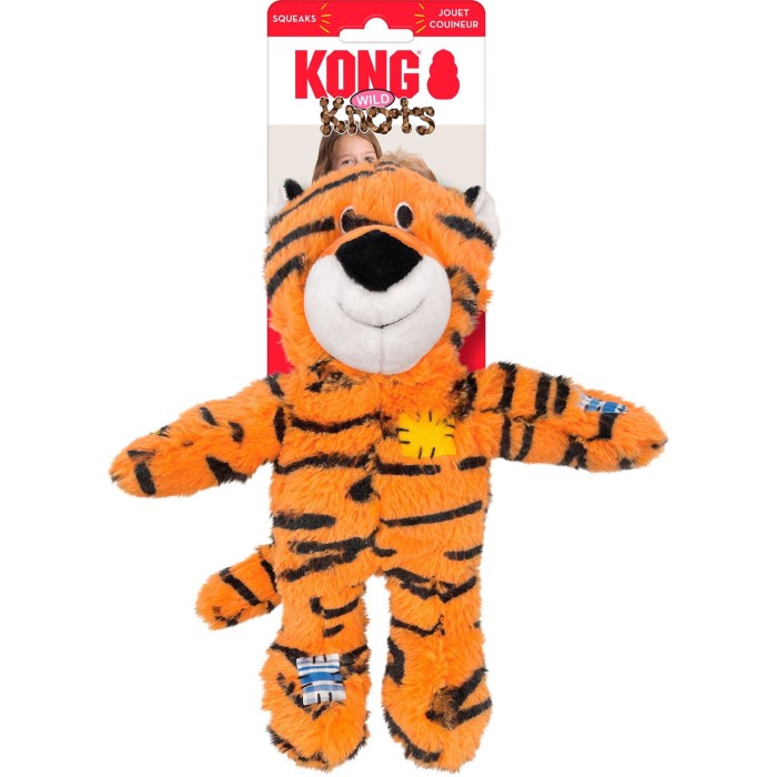 KONG®  Zabawka dla psa Wild Knots Tiger.Tygrys wykonany z miękkiego pluszu. W środku posiada szkielet z wytrzymałej liny - idealny do aportu oraz przenoszenia.  Dodatkowo piszcząca i trzaskająca folia