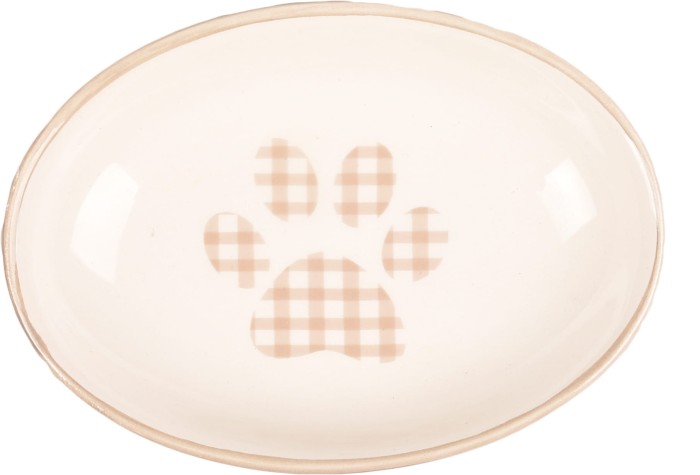 Flamingo Talerzyk dla kota Mylo beżowy. Wykonany z ceramiki. Kolejnym punktem, na który warto zwrócić uwagę to nietypowy design. Beżowe odcienie, krata i łapka.