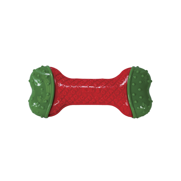 KONG®  Christmas Zabawka dla psa Core Strenght Bone. Kauczukowa kość w kolorze czerwonym i zielonym. Doskonała na świąteczny prezent pod choinkę.