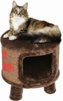 Flamingo Drapak pufa dla kota Enes. Brązowa pufa dla psa. W środku miejsce do leżenia. Czerwony napis (imitujący napis spray’em)  „CAT TOWER”, czyli „KOCIA WIEŻA”. _2