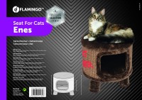 Flamingo Drapak pufa dla kota Enes. Brązowa pufa dla psa. W środku miejsce do leżenia. Czerwony napis (imitujący napis spray’em)  „CAT TOWER”, czyli „KOCIA WIEŻA”.  Pudełko