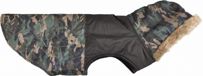 Flamingo Kurtka dla psa Ares w kolorze khaki. Płaszcz zimowy wykonany z przyjemnego w dotyku poliestru. Pikowana kurtka dla pupila od wewnątrz wykończona jest miękkim polarem. Kaptur ochroni głowę pupila przed wiatrem. Dodatkowo futerkowe wykończenie