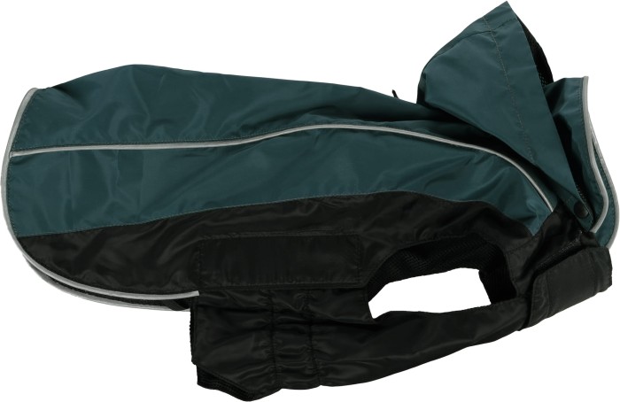 Flamingo Kurtka dla psa Veru zielona. Materiał: poliester. Zapięcie na rzep w okolicy brzucha i szyi. Z odblaskowymi paskami. Posiada odpinany kaptur, otwór na smycz i regulowany otwór na szelki.
