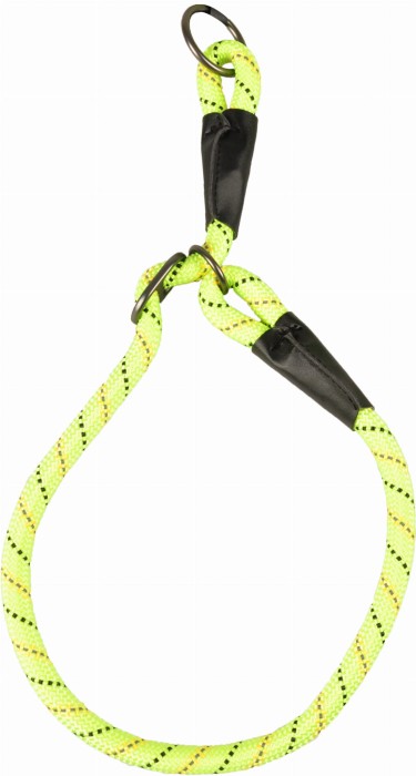 Flamingo Obroża półzaciskowa Rimo żółta. Materiał: nylon. Posiada płynnie regulowany pierścień blokujący. Części metalowe mają matowe, ciemnoszare wykończeni. Odblaskowe paski. W neonowym, widocznym żółtym kolorze