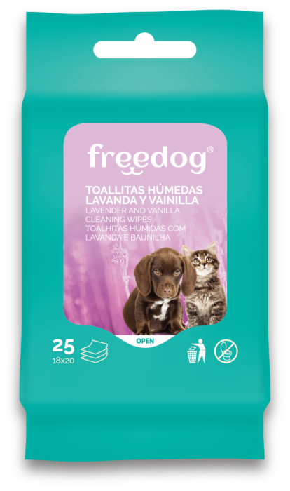 Freedog Chusteczki pielęgnacyjne dla psa i kota lawenda i wanilia. Ekstrakt z lawendy posiada właściwości antyseptyczne i antybakteryjne. Wilgotne, mokre chusteczki dla pupila zapewnią odpowiednie odświeżenie. W opakowaniu znajduje się 25 sztuk.