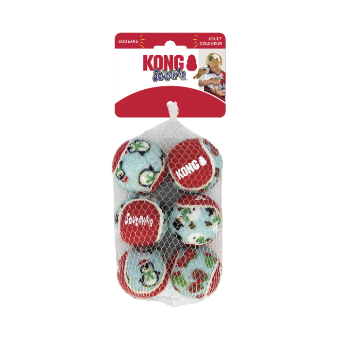 KONG®  Christmas Zabawka dla psa SqueakAir Balls 6 sztuk.  Piłeczki tenisowe z uroczymi wzorkami świątecznymi. W środku posiadają piszczałkę.