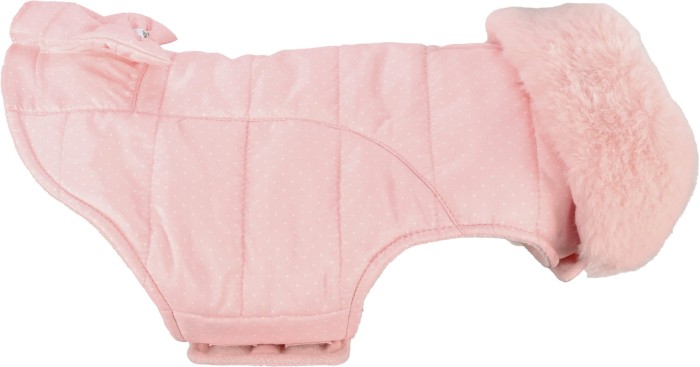 Flamingo Kurtka dla psa Guzzi różowa. Zapięcie na rzep w okolicy brzucha i szyi. Od wewnątrz wykończona miękkim polarem. Z otworem na podpięcie smyczy do obroży. Z futerkiem i ozdobną kokardką.