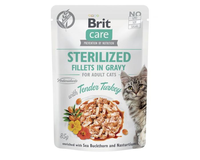 Brit Care Karma mokra dla kota Fillets in Gravy with Tender Turkey Enriched with Sea Buckthorn and Nasturtium 85 g