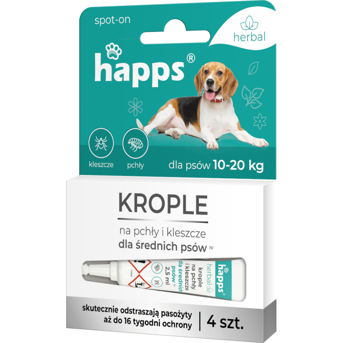 HAPPS Herbal – krople na pchły i kleszcze dla psów ras średnich 10-20 kg