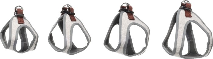 Flamingo Szelki dla psa Nelson szare. Materiał: nylon Klamra zatrzaskowa Z 2 pierścieniami odciążającymi, aby zmniejszyć nacisk na zamek. Chromowane metalowe pierścienie