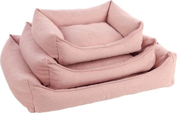 Flamingo Sofa dla psa Baldar różowa. Materiał: tkanina z krawędzią wypełniającą: włókno poliestrowe i pianka Powierzchnia do leżenia wypełniona płatkami pianki memory. Gramatura tkaniny: 390 g/m² Zdejmowany pokrowiec. Antypoślizgowy spód