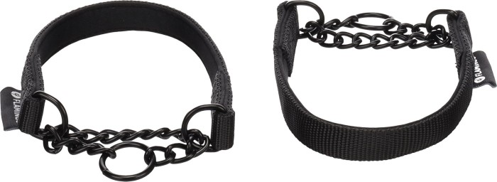 Flamingo Obroża dla psa półzaciskowa z łańcuszkiem Trero czarna. Materiał: metal i nylon z miękką podszewką z neoprenu wewnątrz. Łańcuszek i kółka z matowym czarnym wykończeniem