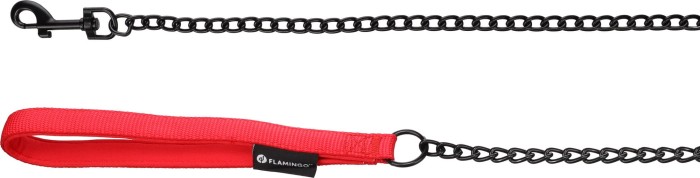 Flamingo Smycz dla psa z łańcuszkiem Trero czerwona. Materiał: metal i nylon z miękką podszewką z neoprenu wewnątrz. Łańcuszek i karabińczyk z matowym czarnym wykończeniem. Miękki uchwyt z neoprenu