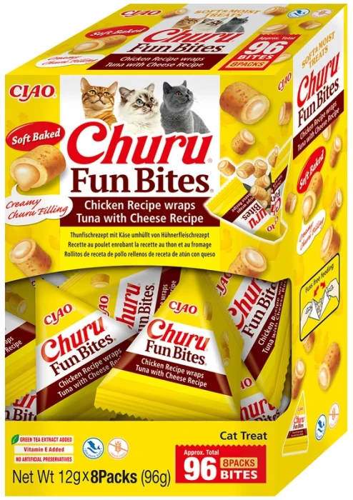 Inaba Cat Churu Fun Przysmaki dla kota Bites Chicken Recipe wraps Tuna with Cheese Recipe 8x12 g