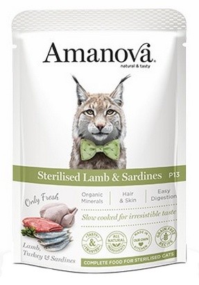 Amanova Cat Sterilised Lamb & Sardines - Mokra karma dla kota. Jagnięcina i sardynki saszetka 85 g