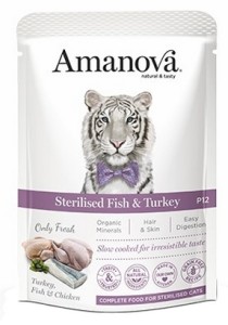 Amanova Cat Sterilised Fish & Turkey. Mokra karma dla kota - biała ryba i indyk saszetka 85 g