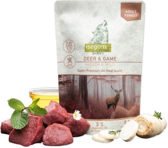 ISEGRIM Mokra karma dla psa Jeleń + Dziczyzna z Korzeniem Pietruszki, Olejem Szafranowym i Ziołami leśnymi 410 g