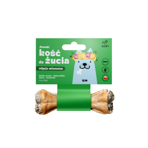 Azanki Kość do żucia w skórze wołowej ze skórą kozią, miętą, dziką różą i nagietkiem S/M 12 cm