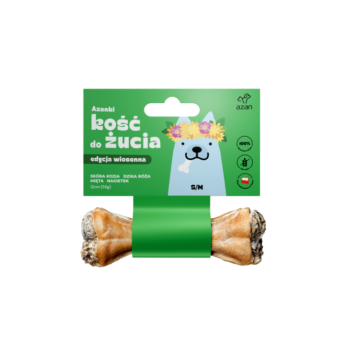 Azanki Kość do żucia w skórze wołowej ze skórą kozią, miętą, dziką różą i nagietkiem S/M 12 cm