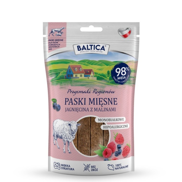 BALTICA PRZYSMAKI REGIONÓW Mięsne paski dla psów Jagnięcina z malinami 90 g