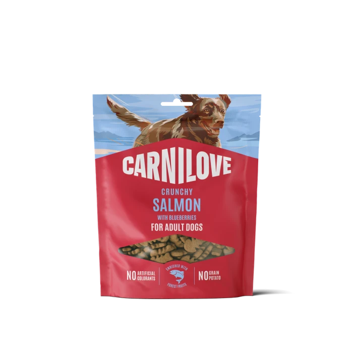 CARNILOVE Dog CRUNCHY Chrupiące przysmaki mięsne dla psów z łososiem i jagodami 200 g.     CARNILOVE Dog CRUNCHY Snack Salmon with Blueberries 200g