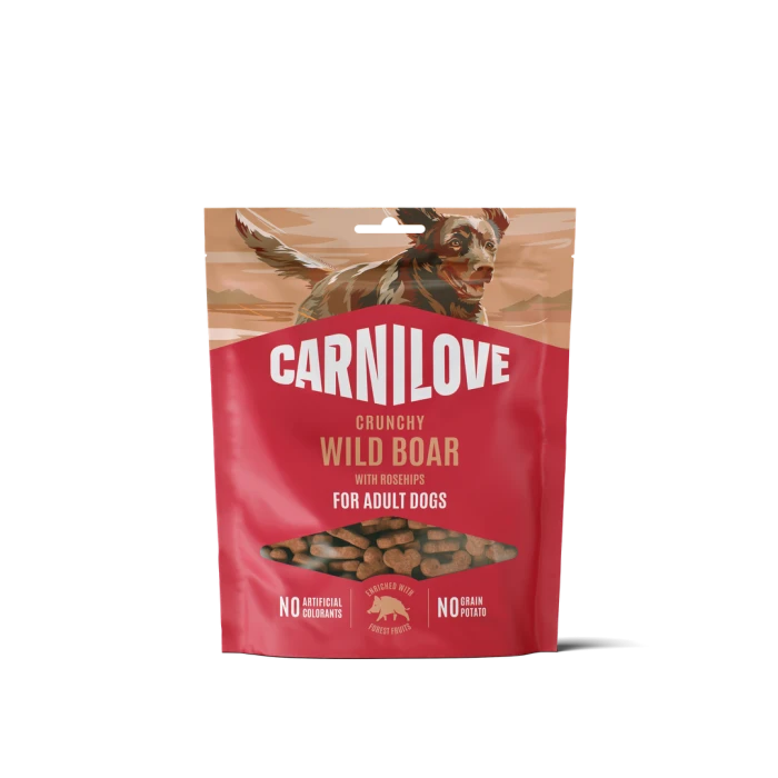 CARNILOVE Dog CRUNCHY Chrupiące przysmaki mięsne dla psa z dzikiem i owocami dzikiej róży 200 g.    CARNILOVE Dog CRUNCHY Snack Wild Boar with Rosehips 200g