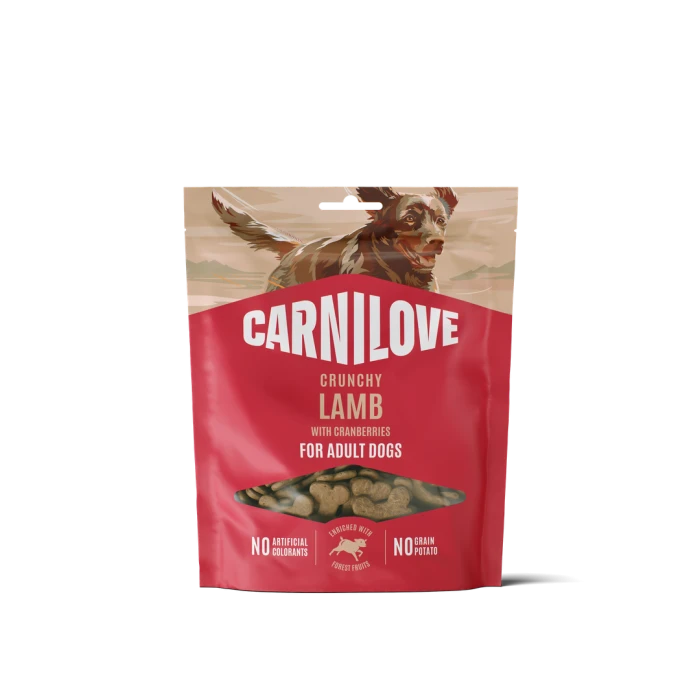 CARNILOVE Dog CRUNCHY Chrupiące przysmaki mięsne dla psa z jagnięciną i żurawiną 200 g.     CARNILOVE Dog CRUNCHY Snack Lamb with Cranberries 200g