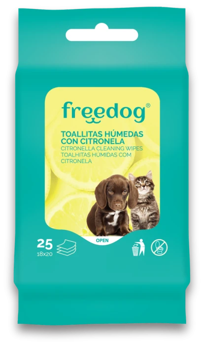 Freedog Chusteczki pielęgnacyjne dla psa i kota cytrusowe. W opakowaniu znajduje się 25 sztuk. Wilgotne chusteczki eliminują nieprzyjemny zapach oraz dokładnie oczyszczają sierść i łapy.