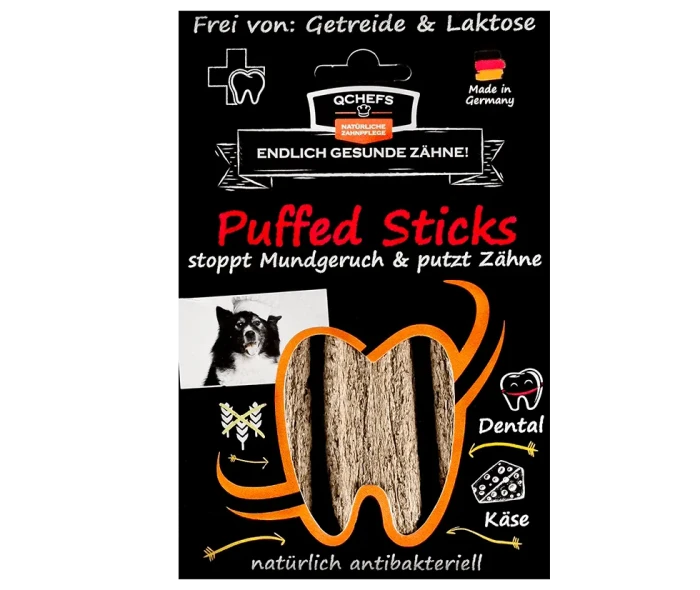 QCHEFS Puffed Sticks – naturalne gryzaki dentystyczne dla psa z karobem, 72 g
