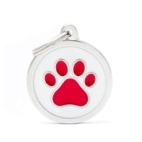 My Family Adresówka dla psa Charms Kółko z czerwoną łapką. Okrągła adresówka biała, z czerwoną łapką w środku, na której wygrawerujesz swoje dane (grawer w cenie produktu). W razie zaginięcia lub ucieczki pupila - znalazca szybko Cię zlokalizuje
